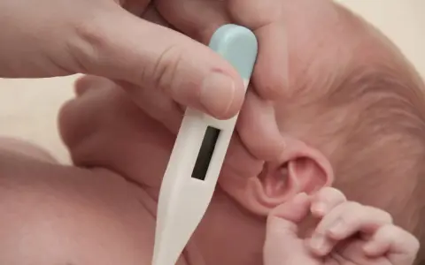 Misurazione della temperatura corporea neonato 4 mesi con termometro digitale.