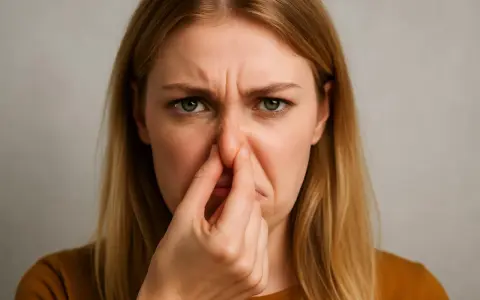Donna con espressione disgustata che si tappa il naso, forse per un sederino rosso per cacca acida.
