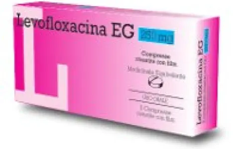 Scatola di Levoxacin EG 250 mg, con grande "L" rosa e dettagli informativi sul farmaco.