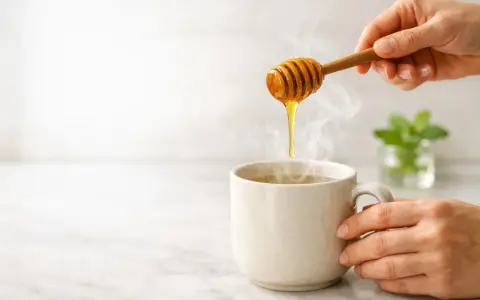 Miele che cola da un bastoncino in una tazza fumante, un rimedio naturale per la tosse.