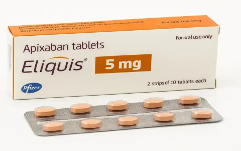 Eliquis, a 5 mg Apixaban tablet, serve a prevenire coaguli di sangue. La confezione contiene 2 blister da 10 compresse.
