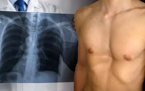 Medico mostra radiografia torace, evidenziando un petto a imbuto.