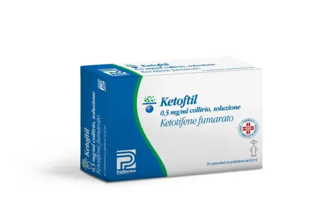 Scatola di Ketoftil collirio, soluzione 0,5 mg/ml, con 25 contenitori in polietilene da 0,5 ml.