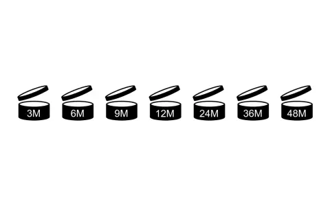 Simboli che indicano la scadenza cosmetici non aperti: 3M, 6M, 9M, 12M, 24M, 36M, 48M.