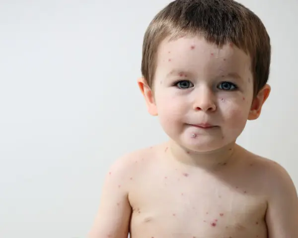 Bambino di 2 anni con puntini rossi intorno alla bocca e sul corpo, forse varicella.