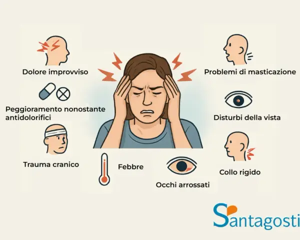 Sintomi di mal di testa: dolore improvviso, peggioramento con antidolorifici, problemi di masticazione, disturbi visivi, febbre, collo rigido, occhi arrossati.