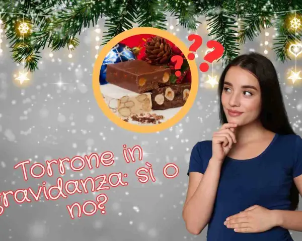Una donna incinta pensa se mangiare il torrone durante la gravidanza, con un'immagine di torrone e decorazioni natalizie.