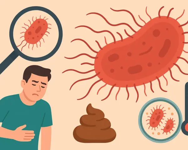 Uomo sofferente con batteri, feci e termometro. Attenzione alla salmonella in gravidanza.