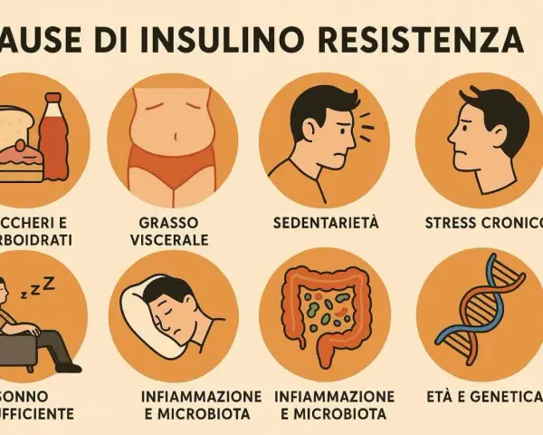 Cause di insulino resistenza: zuccheri, grasso viscerale, sedentarietà, stress, sonno insufficiente, infiammazione, età e genetica.