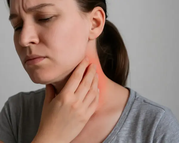 Donna con mano sul collo arrossato, preoccupata per i sintomi cervicali.