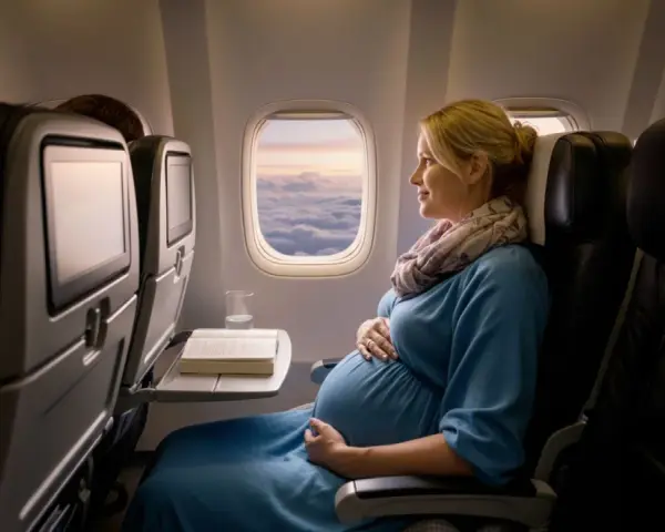 Donna incinta in aereo, con la pancia che si intravede sotto il vestito blu, guarda fuori dal finestrino le nuvole al tramonto.