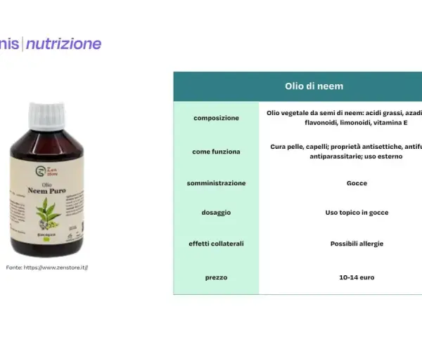 Flacone di olio di neem puro, biologico, per la cura di pelle e capelli. Proprietà antisettiche e antifungine. Uso topico in gocce.
