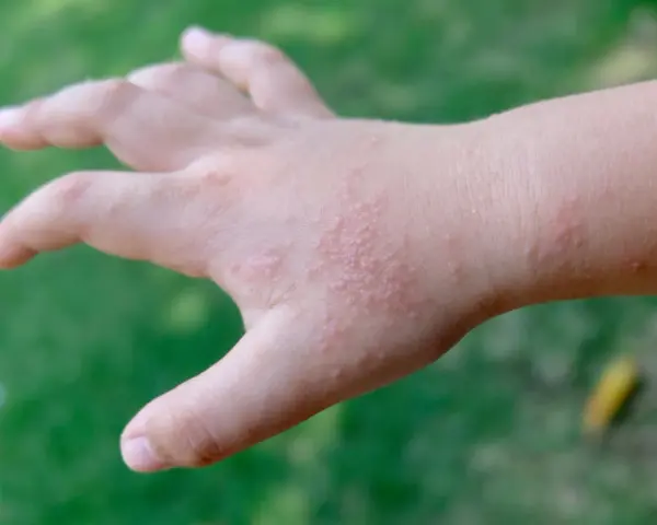 Mano di bambino con puntini rossi sulle dita e sul dorso, senza segni di prurito.