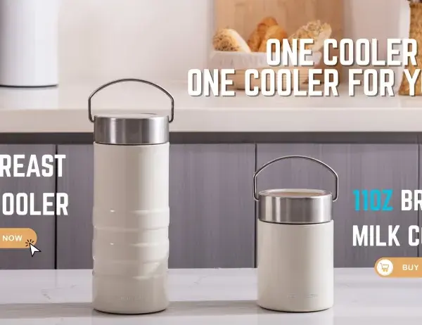 Due contenitori termici per latte materno, ideali per mantenerlo alla temperatura ambiente. Uno da 22oz e uno da 11oz.