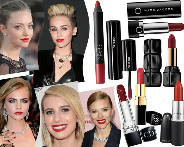 Rossetti per bionde occhi marroni: Amanda Seyfried, Miley Cyrus, Cara Delevingne, Emma Roberts e Scarlett Johansson sfoggiano labbra rosse.