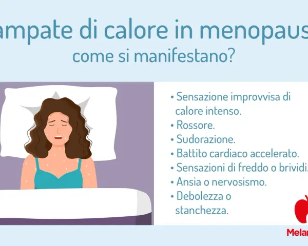 Donna in letto con vampate di calore, sudorazione e rossore. Le vampate sono positive per la menopausa, ma causano disagio.