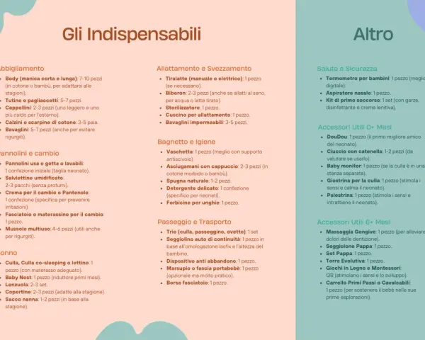 Lista nascita preimpostata: abbigliamento, pannolini, sonno, allattamento, igiene, passeggio, salute, sicurezza e accessori utili per ogni età.