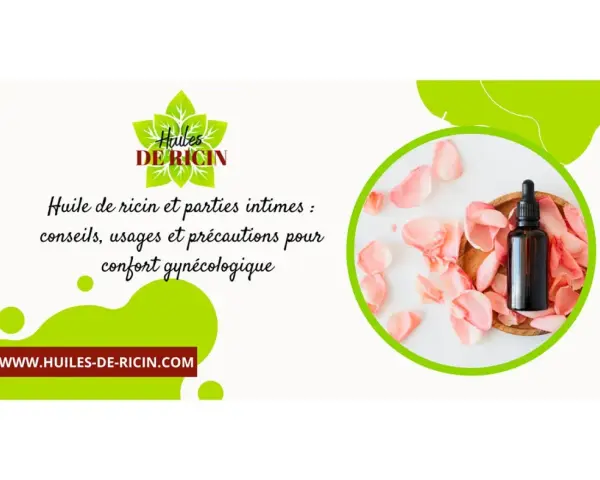 Flacon di olio di ricino su petali di rosa, con testo su consigli e usi per il comfort intimo.