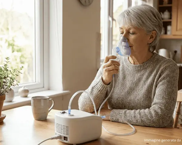 Donna anziana usa un prontinal aerosol per respirare meglio, seduta a un tavolo vicino a una finestra luminosa.