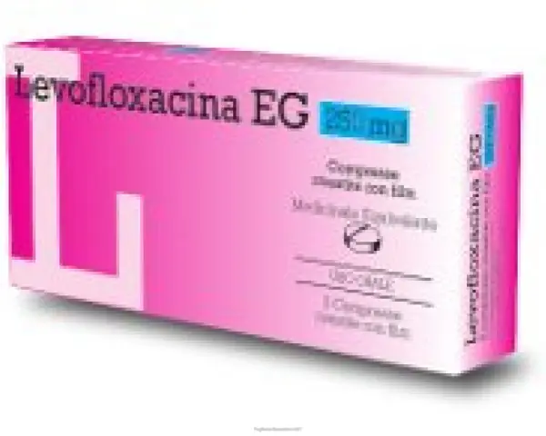 Scatola di Levoxacin EG 250 mg, con grande "L" rosa e dettagli informativi sul farmaco.