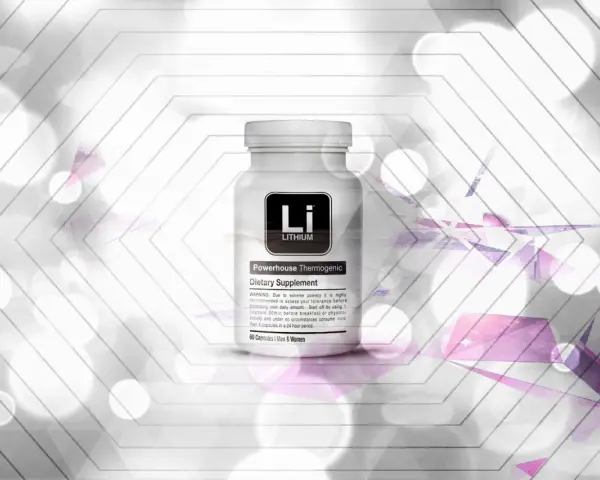 Flacone di integratore "Lithium Powerhouse Thermogenic". Un farmaco per il benessere.