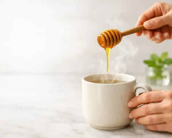 Miele che cola da un bastoncino in una tazza fumante, un rimedio naturale per la tosse.