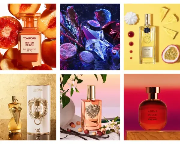 Profumo gourmand significato: fragranze che evocano sapori dolci e golosi, come pesche, vaniglia e frutta esotica, in un'esplosione sensoriale.