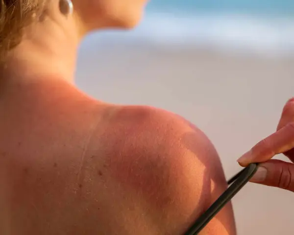 Spalla arrossata dal sole, un tentativo di come abbronzarsi velocemente, ma attenzione alle scottature!