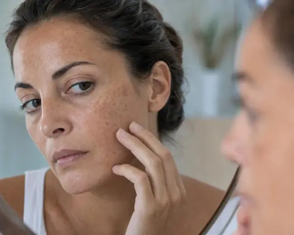 Donna si guarda allo specchio, toccandosi il viso dove compaiono macchie scure sulla pelle.