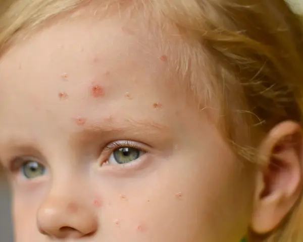 Viso di bambina con eruzioni cutanee, possibili segni di orticaria da streptococco nei bambini.