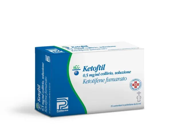 Scatola di Ketoftil collirio, soluzione 0,5 mg/ml, con 25 contenitori in polietilene da 0,5 ml.