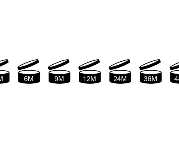 Simboli che indicano la scadenza cosmetici non aperti: 3M, 6M, 9M, 12M, 24M, 36M, 48M.
