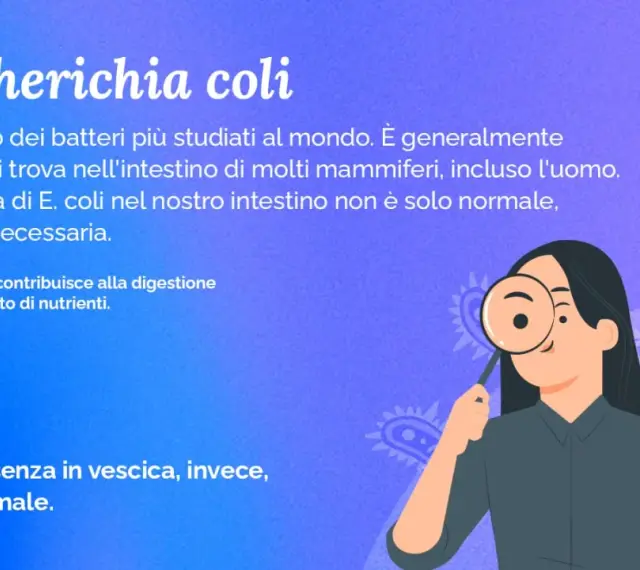 Una donna osserva un batterio escherichia coli con una lente d'ingrandimento. Il testo spiega che l'E. coli è normale nell'intestino ma non nella vescica.