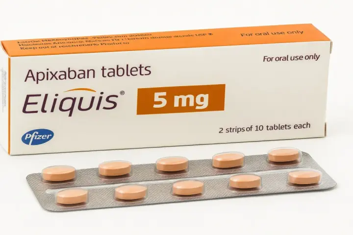 Eliquis, a 5 mg Apixaban tablet, serve a prevenire coaguli di sangue. La confezione contiene 2 blister da 10 compresse.