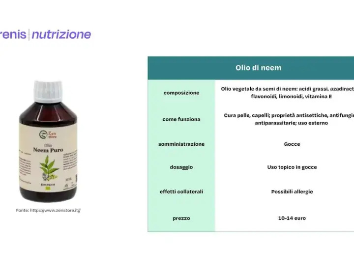 Flacone di olio di neem puro, biologico, per la cura di pelle e capelli. Proprietà antisettiche e antifungine. Uso topico in gocce.