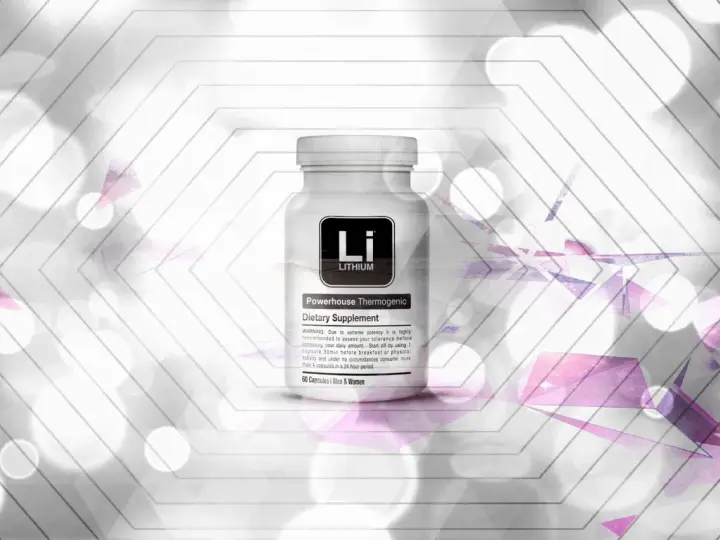 Flacone di integratore "Lithium Powerhouse Thermogenic". Un farmaco per il benessere.