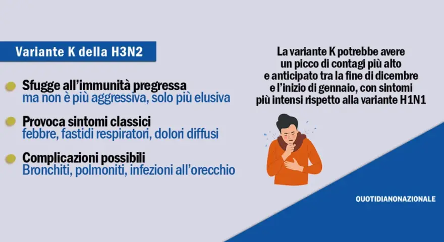 Variante K dell'influenza H3N2: elusiva, causa sintomi classici e possibili complicazioni. Picco contagi previsto a fine anno.