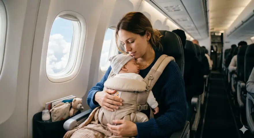 Mamma abbraccia il suo neonato in un marsupio durante un volo. I neonati in aereo dormono sereni, cullati dal movimento.