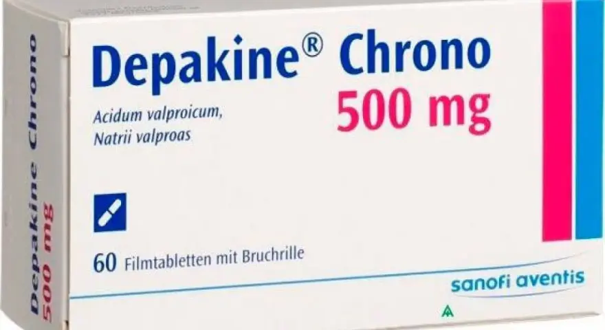 Scatola di Depakine Chrono 500 mg, farmaco a base di acido valproico, usato per trattare epilessia e disturbi bipolari.