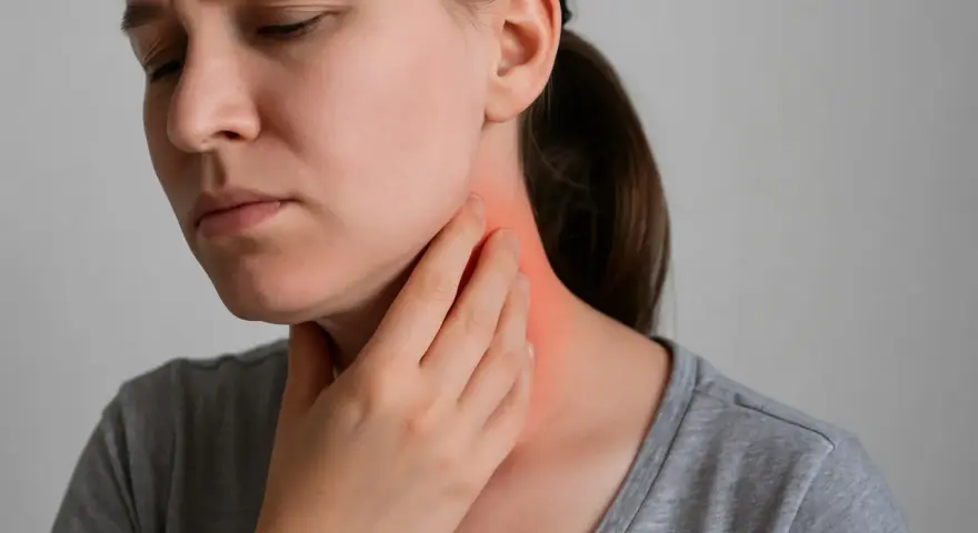Donna con mano sul collo arrossato, preoccupata per i sintomi cervicali.