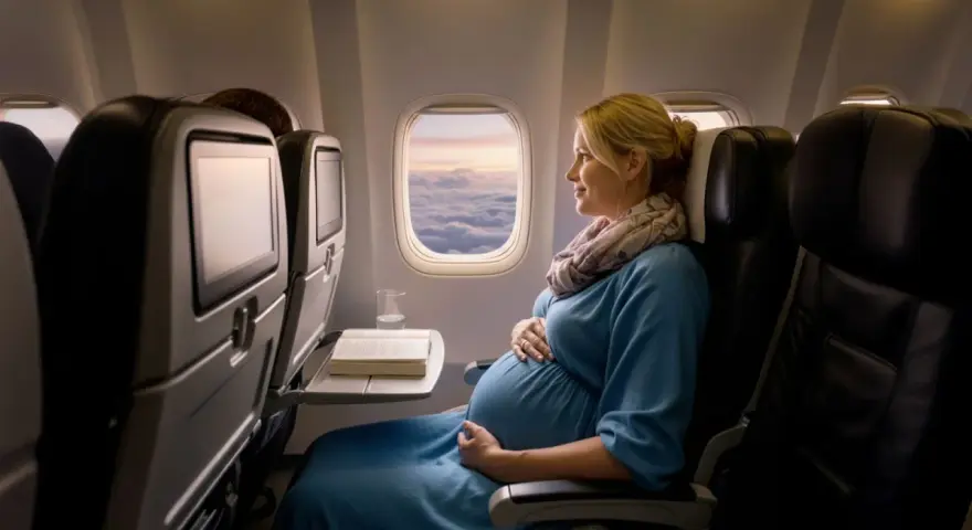 Donna incinta in aereo, con la pancia che si intravede sotto il vestito blu, guarda fuori dal finestrino le nuvole al tramonto.
