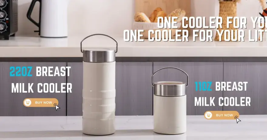 Due contenitori termici per latte materno, ideali per mantenerlo alla temperatura ambiente. Uno da 22oz e uno da 11oz.