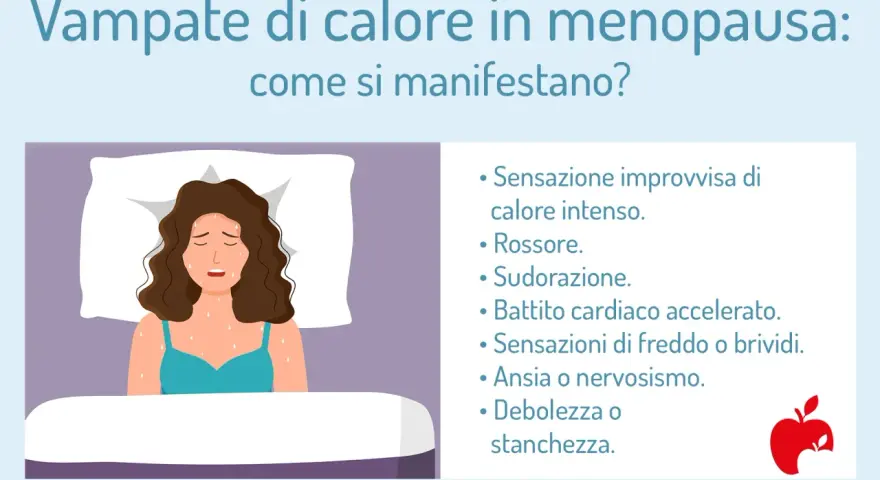 Donna in letto con vampate di calore, sudorazione e rossore. Le vampate sono positive per la menopausa, ma causano disagio.