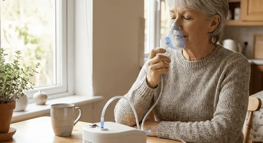 Donna anziana usa un prontinal aerosol per respirare meglio, seduta a un tavolo vicino a una finestra luminosa.