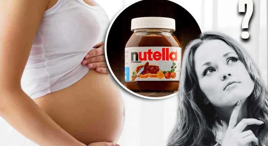 Pancia di donna incinta, barattolo di Nutella e punto interrogativo. La domanda è: si può mangiare la Nutella in gravidanza?