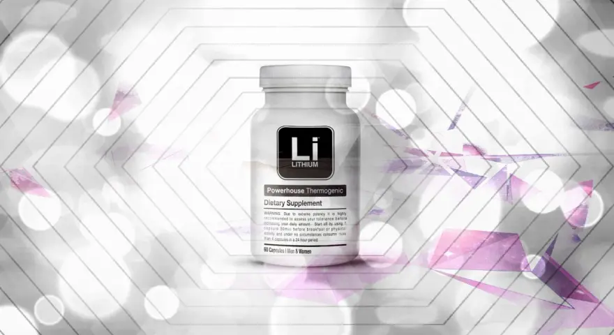 Flacone di integratore "Lithium Powerhouse Thermogenic". Un farmaco per il benessere.