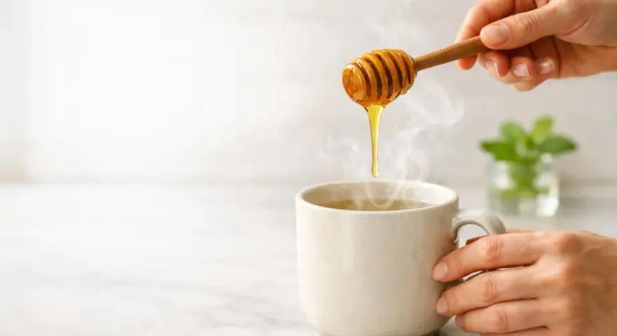 Miele che cola da un bastoncino in una tazza fumante, un rimedio naturale per la tosse.