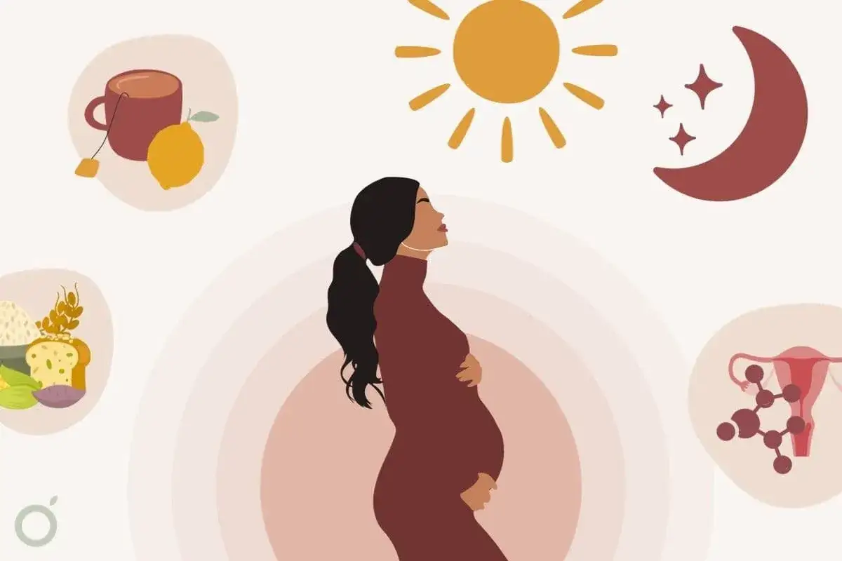 La nausea in gravidanza quando inizia? Immagine di una donna incinta con simboli di cibo, sole, luna e utero.