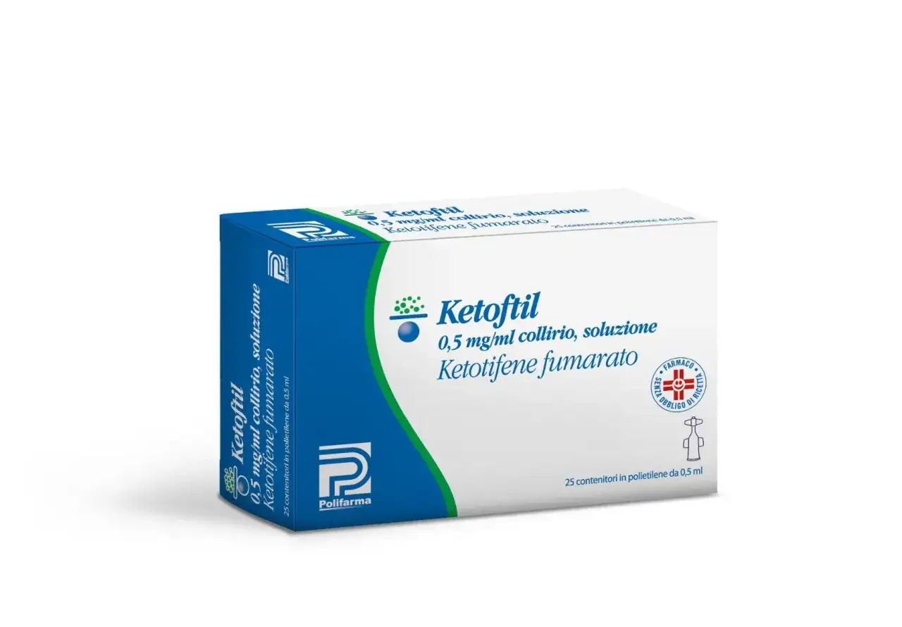 Scatola di Ketoftil collirio, soluzione 0,5 mg/ml, contenente 25 flaconcini da 0,5 ml. Farmaco senza obbligo di ricetta.