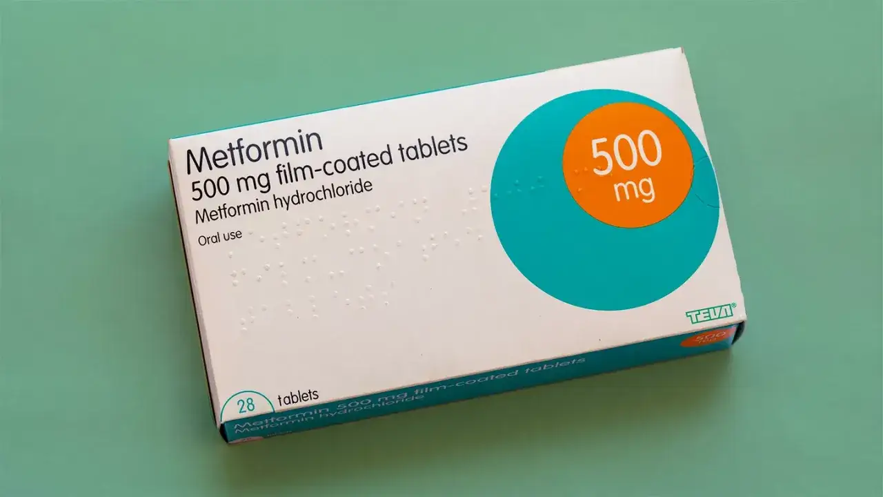 Scatola di Metformina 500 mg, compresse rivestite, per uso orale. La confezione contiene 28 compresse.